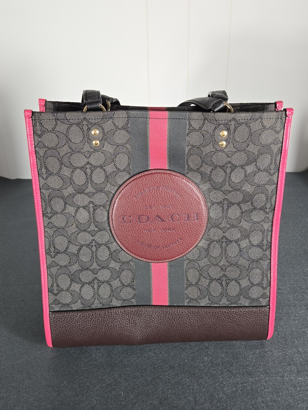 Coach Dempsey Brown Signature Canvas Tote with Pink Trim
